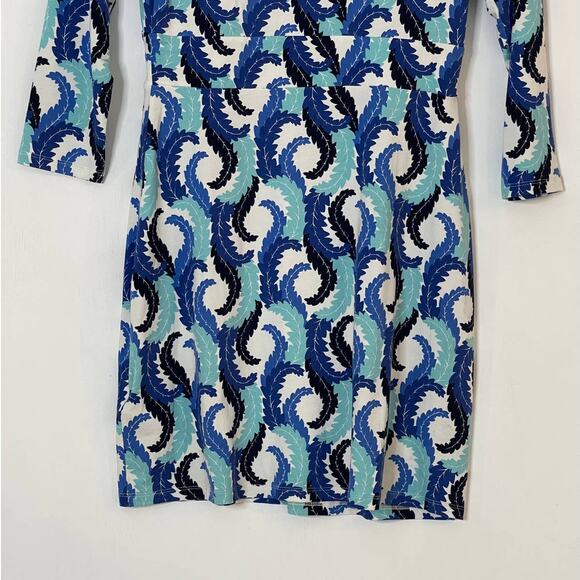 Boden Blue White Feather Printed Long Sleeve Ruched Waist Dress Women's Size 6 - Picture 7 of 9